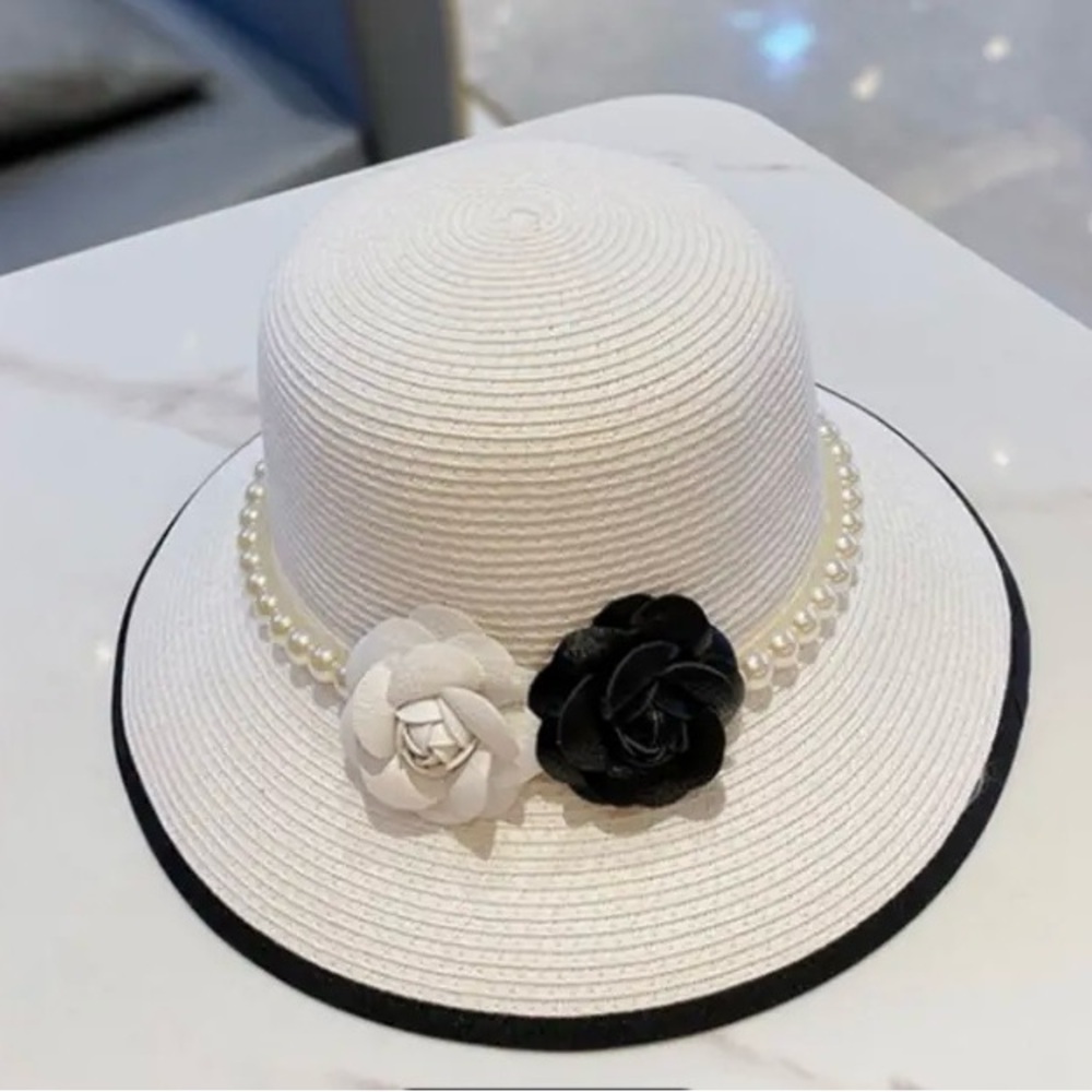 Women’s White Pearl Trim Sun Hat with Black & White Floral Accents